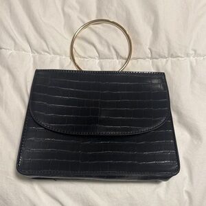 Forever 21 Black Croc-Embossed Clutch with Gold Ring Handles